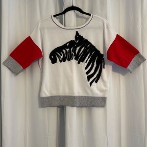 Zebra Fringe Sweater Cotton Colorblock 3/4 Sleeve Medium